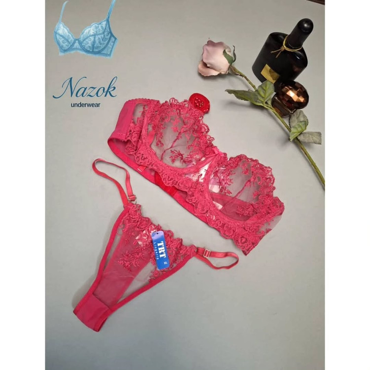 ست سوتین و شورت دکلته زنانه TRT، صورتی پررنگ با تور گاز طرحدار، فنردار، انتخابی خاص و لوکس برای خانمهای خوشسلیقه، سایز ۷۵ تا ۹۰