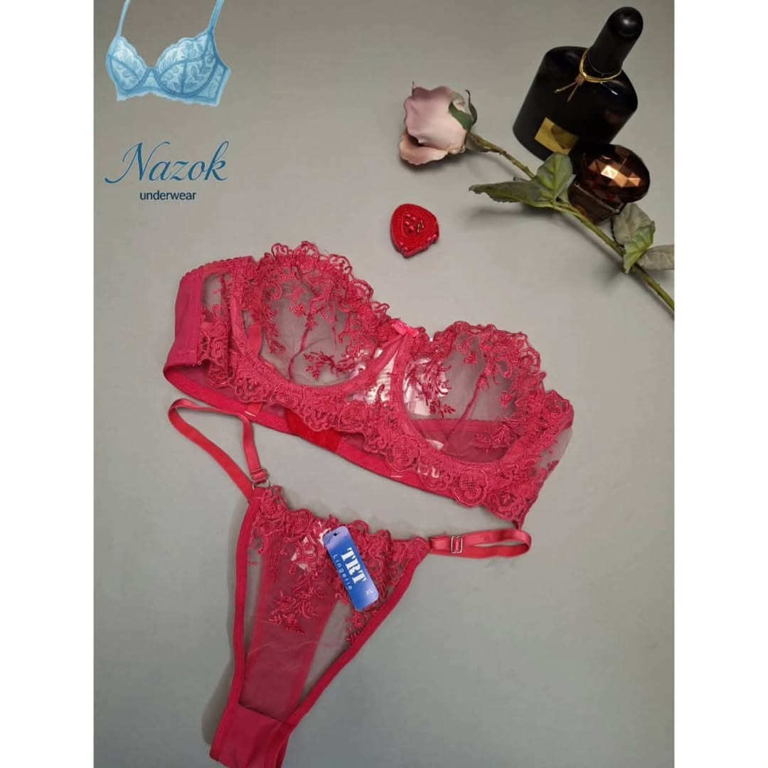 ست سوتین و شورت زنانه TRT، طراحی دکلته صورتی پررنگ با تور گاز ظریف، فنردار و منحصر به فرد، مناسب سلیقه‌های خاص