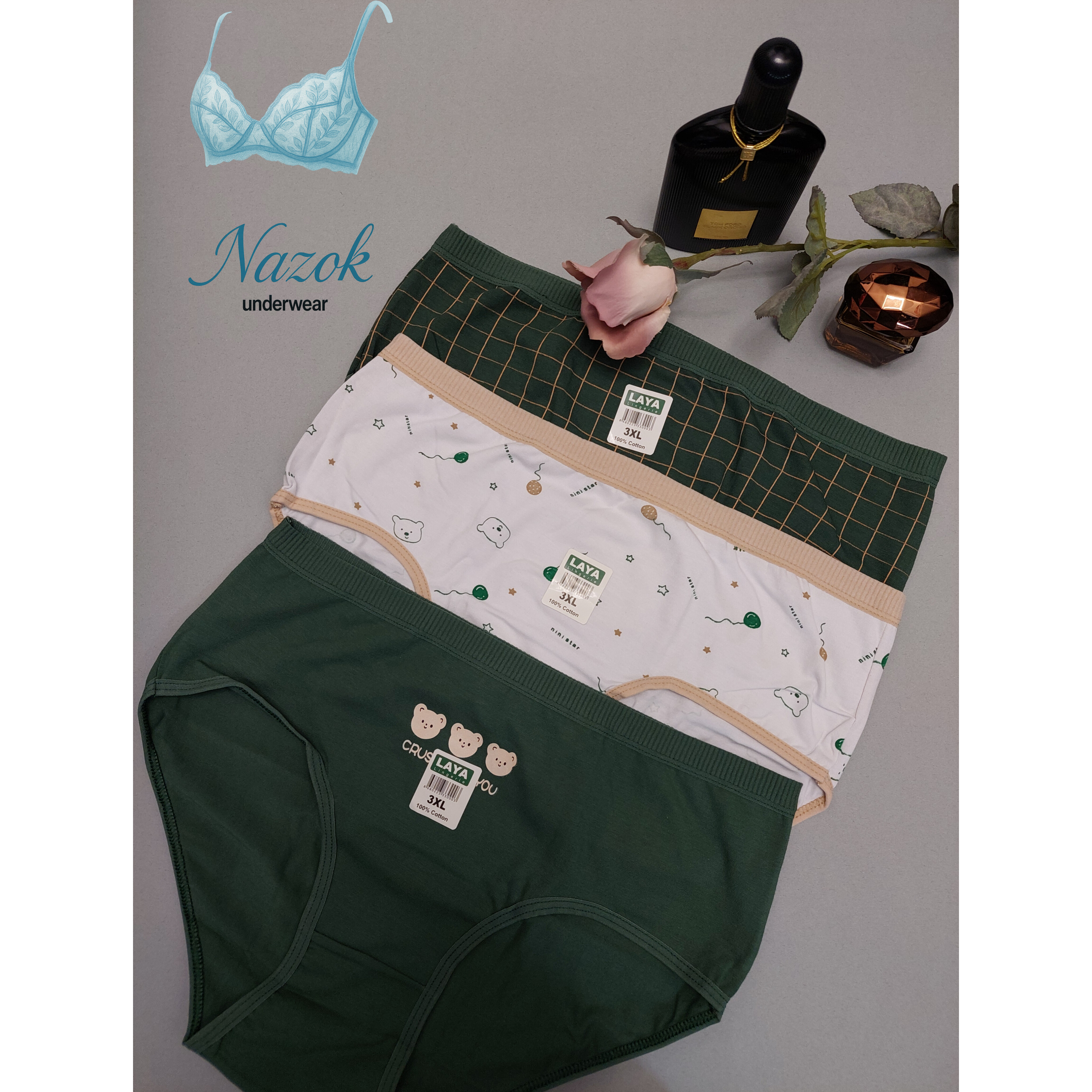 شورت نخی برند لعیا رنگ سبز و کرم سایز XXXL