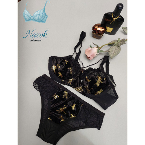 ست سوتین و شورت زنانه مشکی با سنجاقکهای طلایی – لاکچری، شیک و خاص | مناسب سایز ۷۵ تا ۹۰ | مناسب استایل مجلسی و خاص پسند