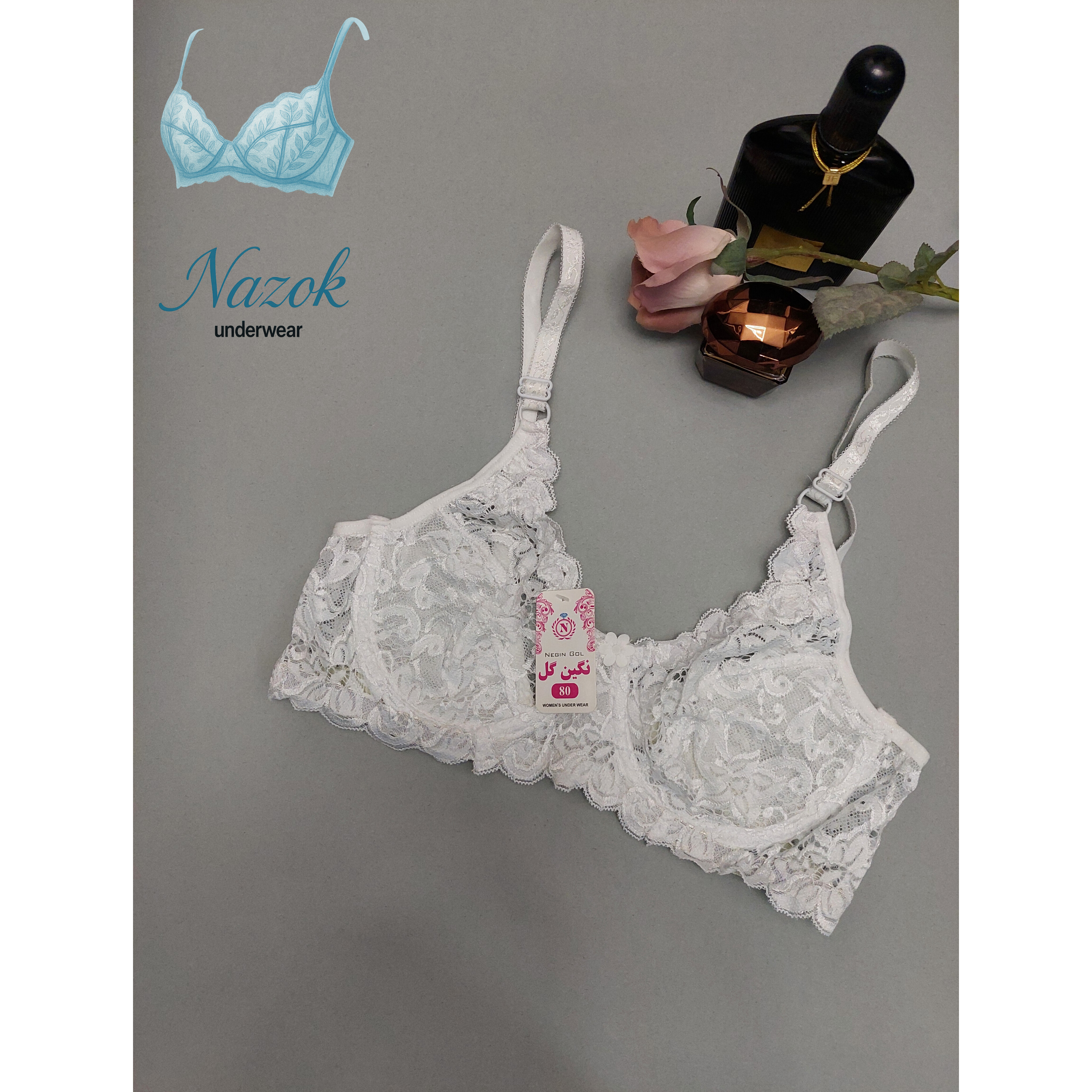 سوتین زنانه برند نگین گل سفید رنگ فنردار