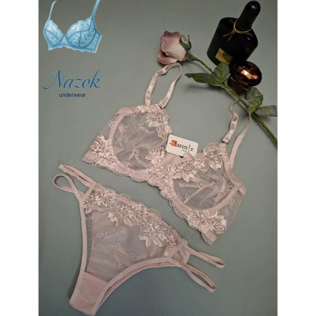 ست سوتین و شورت زنانه تور گاز صورتی کم‌ رنگ برند کارن سایز بندی ۷۵ ۸۵ ۹۰